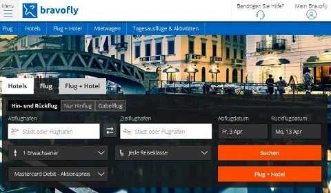 BravoFLYドイツのウェブサイトでは、格安航空券の予約を提供しています。
