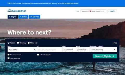世界的な旅行検索および比較プラットフォームである Skyscanner Global UK の Web サイト。