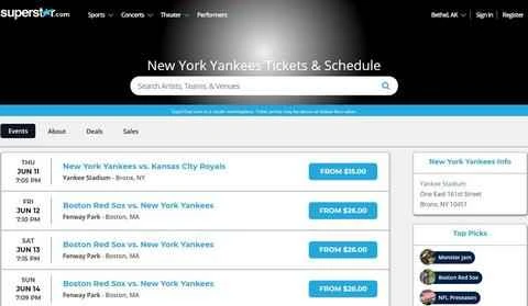 米国のスポーツ イベントやエンターテイメントのチケットを予約できる SuperStar Tickets の公式 Web サイト。